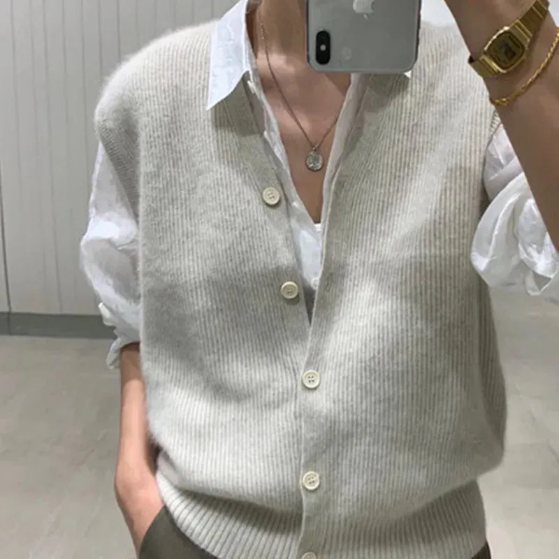 Flytonn-Fall Outfits Women Outwear Streetwear -women fall outfits high street ins style -Knitted Sweater Vest  For Women's Spring Autumn Knitted V-neck Sleeveless Loose Casual Layered Sweater