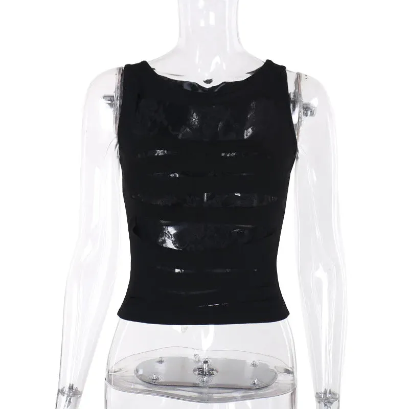 Flytonn-Halloween Outfits Halloween Gifts Gothic Style 2024 Mall Goth Hollow Out Vest Women Streetwear Harajuku Mesh See Through Crop Tank Tops Coquette Y2K Emo Alt Clothes