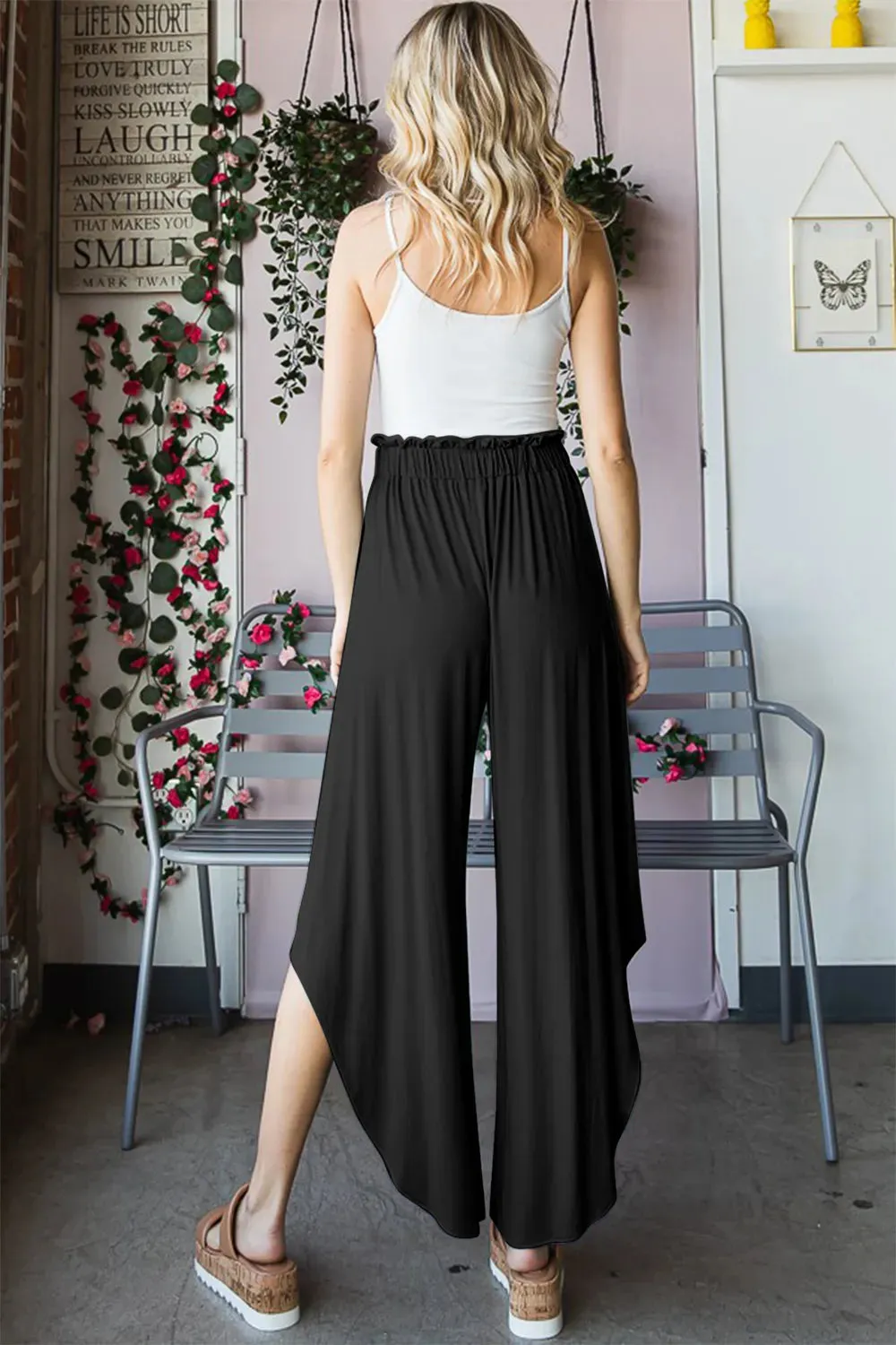 Full Size Frill Slit High Waist Wide Leg Pants