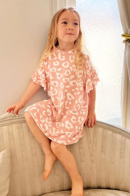 Girls Animal Print Ruffle Sleeve Dress