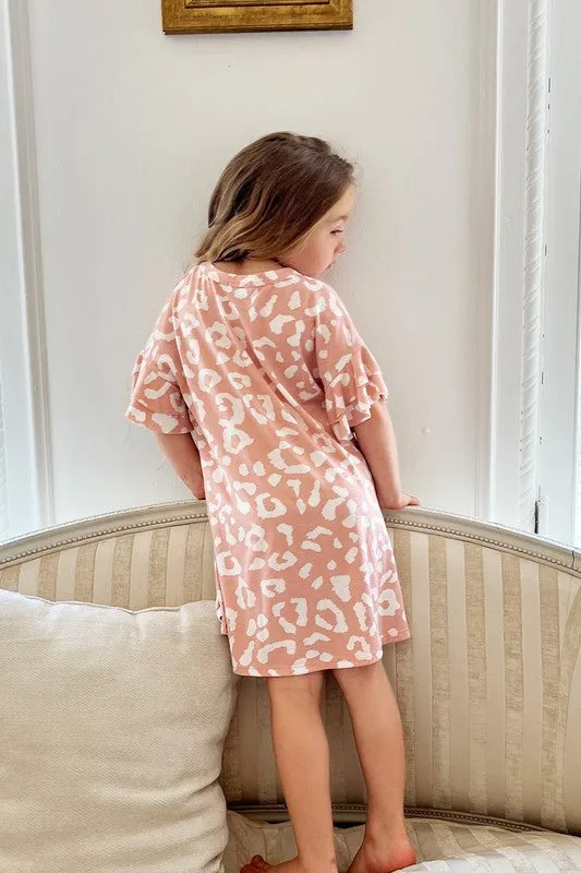 Girls Animal Print Ruffle Sleeve Dress