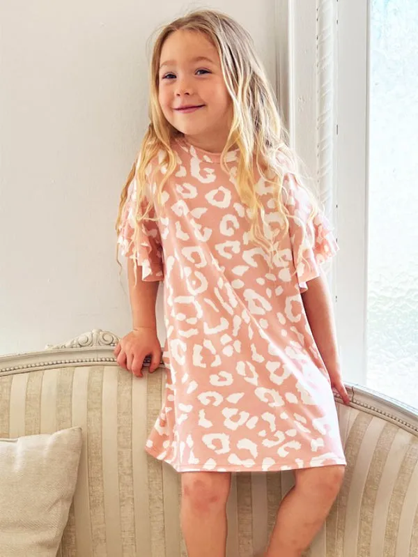 Girls Animal Print Ruffle Sleeve Dress