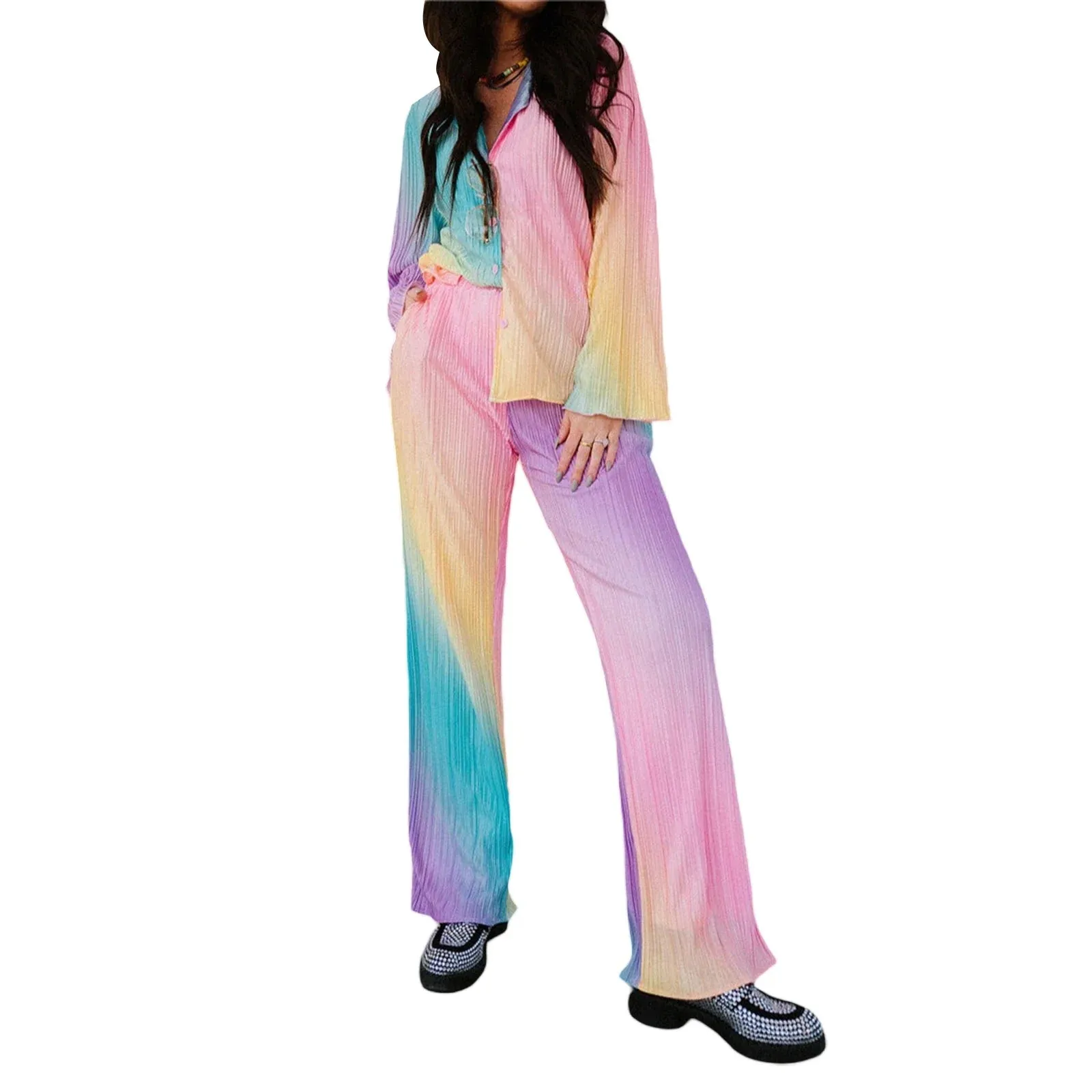 Gradient Button Long Sleeve Soft Nightwear Loungewear Rainbow Pajamas