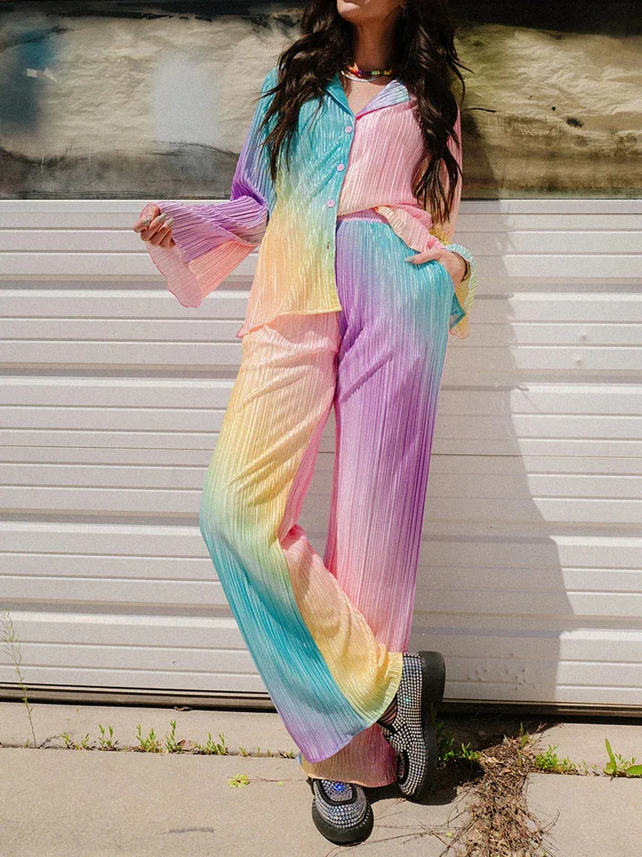 Gradient Button Long Sleeve Soft Nightwear Loungewear Rainbow Pajamas