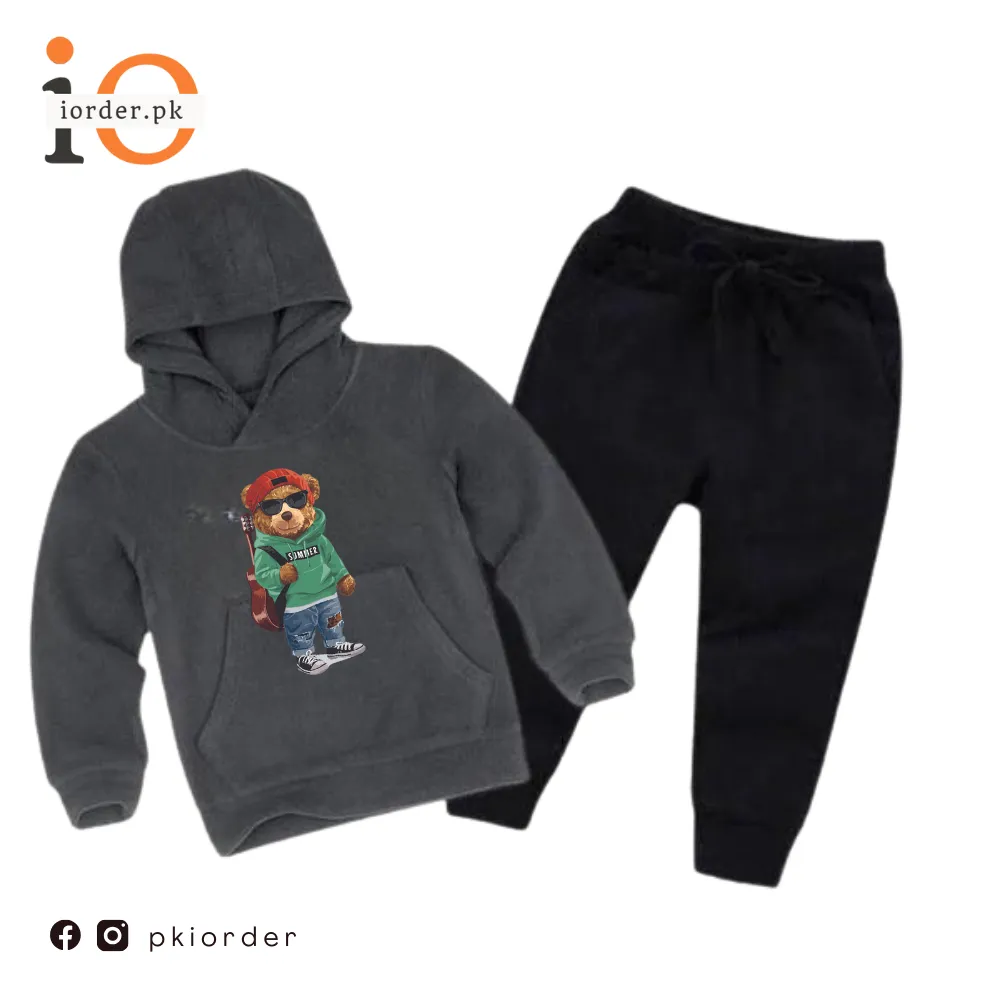 Grey Green Bear Printed Kids Hoodie Set