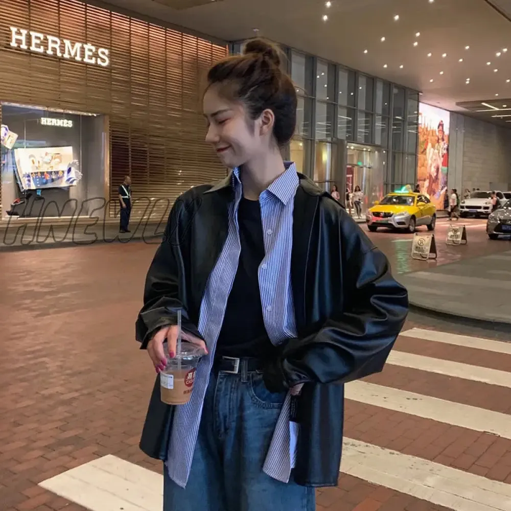 Hnewly New Women oversized PU leather blouses Spring Autumn Black Faux Leather Basic Coat Turn-down Collar Motor Biker Jacket Winter Outfits Cold