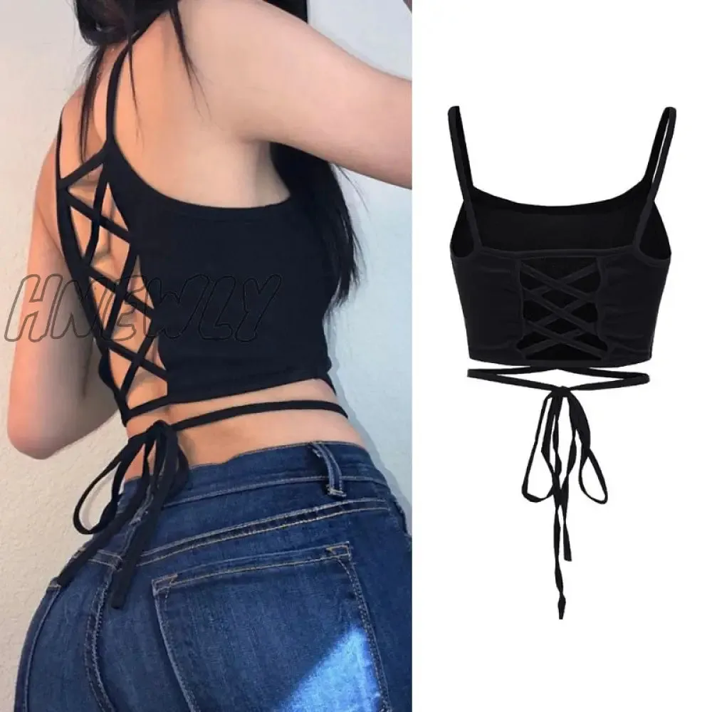 Hnewly Straps Solid Crop Top Tshirt Summer Sexy Hollow Out Vest Women Streetwear Y2K Party Club Camis Female