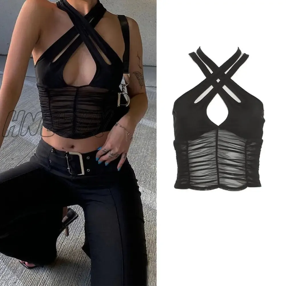 Hnewly Straps Solid Crop Top Tshirt Summer Sexy Hollow Out Vest Women Streetwear Y2K Party Club Camis Female