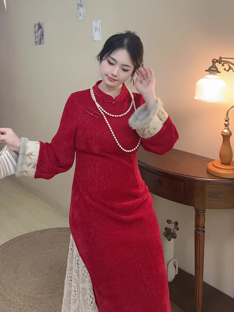 Hong Bao 红包 Red Envelope 1920s Inspired Plus Size Winter Qipao & Majia Vest Set