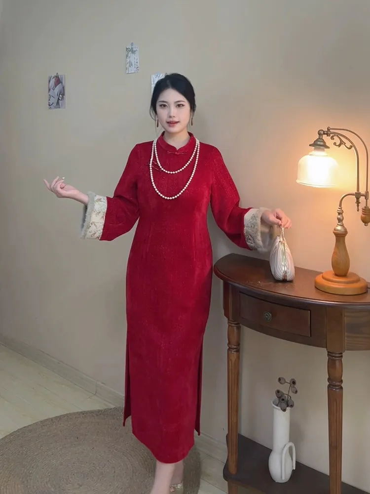 Hong Bao 红包 Red Envelope 1920s Inspired Plus Size Winter Qipao & Majia Vest Set