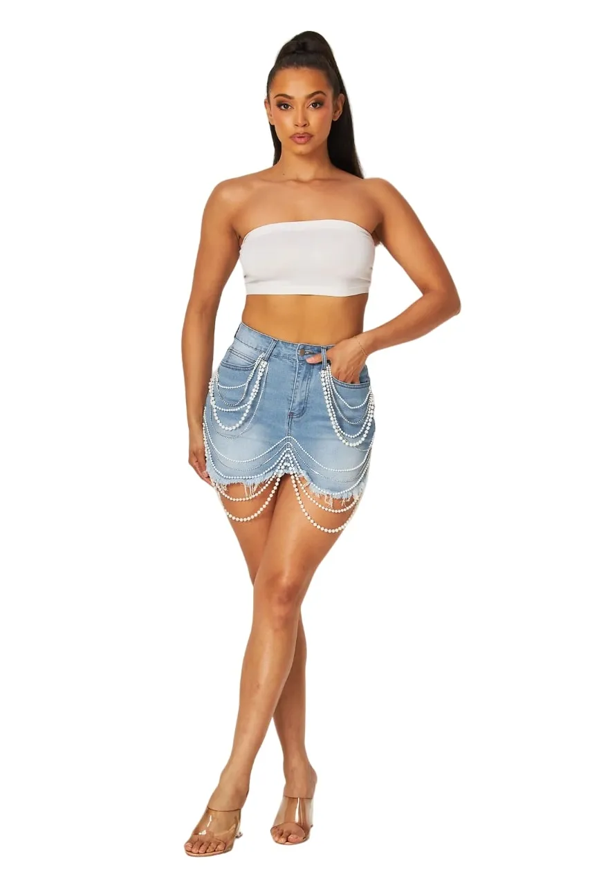 Hot & Delicious Women's Alicia Pearl Detailed Mini Denim Jean Skirt