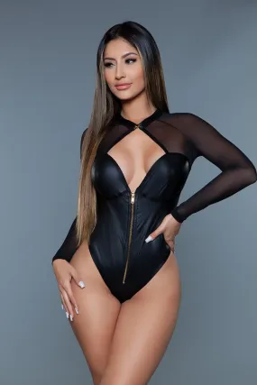 Hot Girl Be Wicked Avalon Faux Leather Long Sleeve Bodysuit In Black