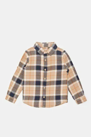 Infant Boys White And Beige Checkered Shirt With T-Shirt (2 Piece)