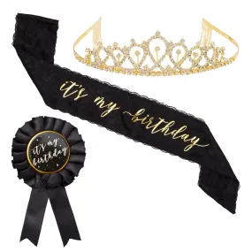 It's My Birthday Sash, Ribbon Pin, Gold Rhinestone Tiara Crown (Black, 3 Piece Set)