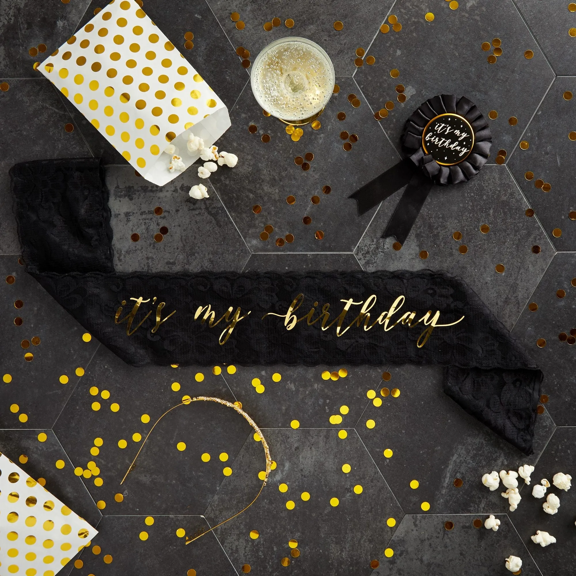 It's My Birthday Sash, Ribbon Pin, Gold Rhinestone Tiara Crown (Black, 3 Piece Set)