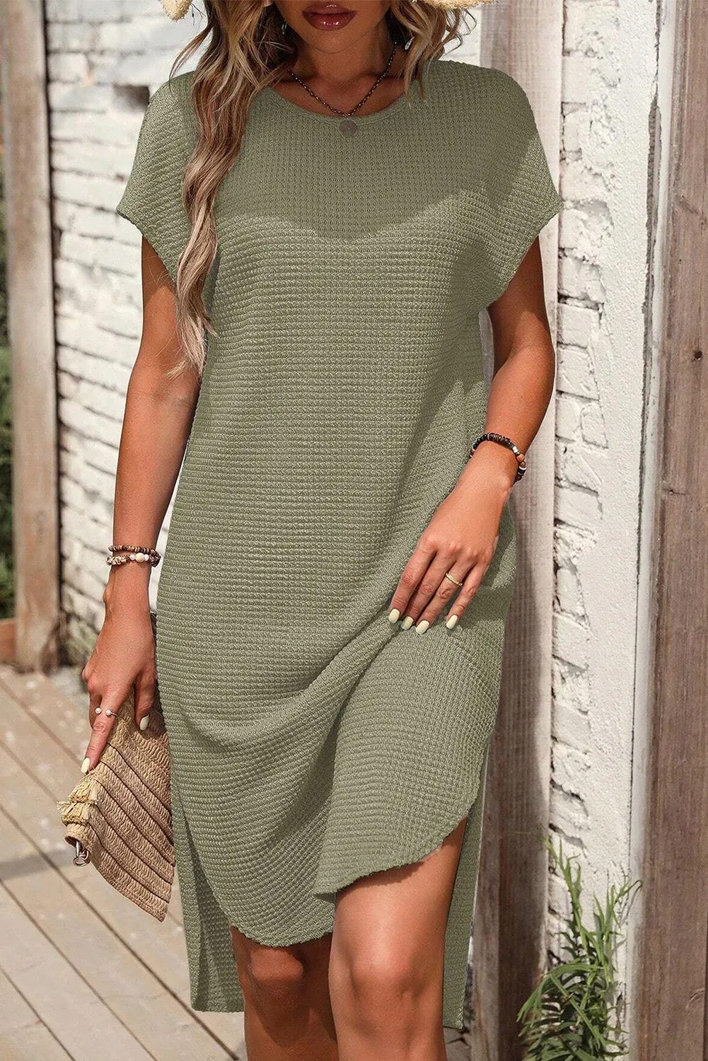 Jungle Green Batwing Sleeve Knit Curved Hem Dress