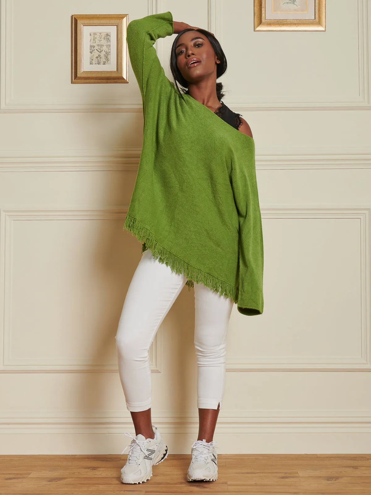 Knitted Fringe Detail Jumper, Olive Green