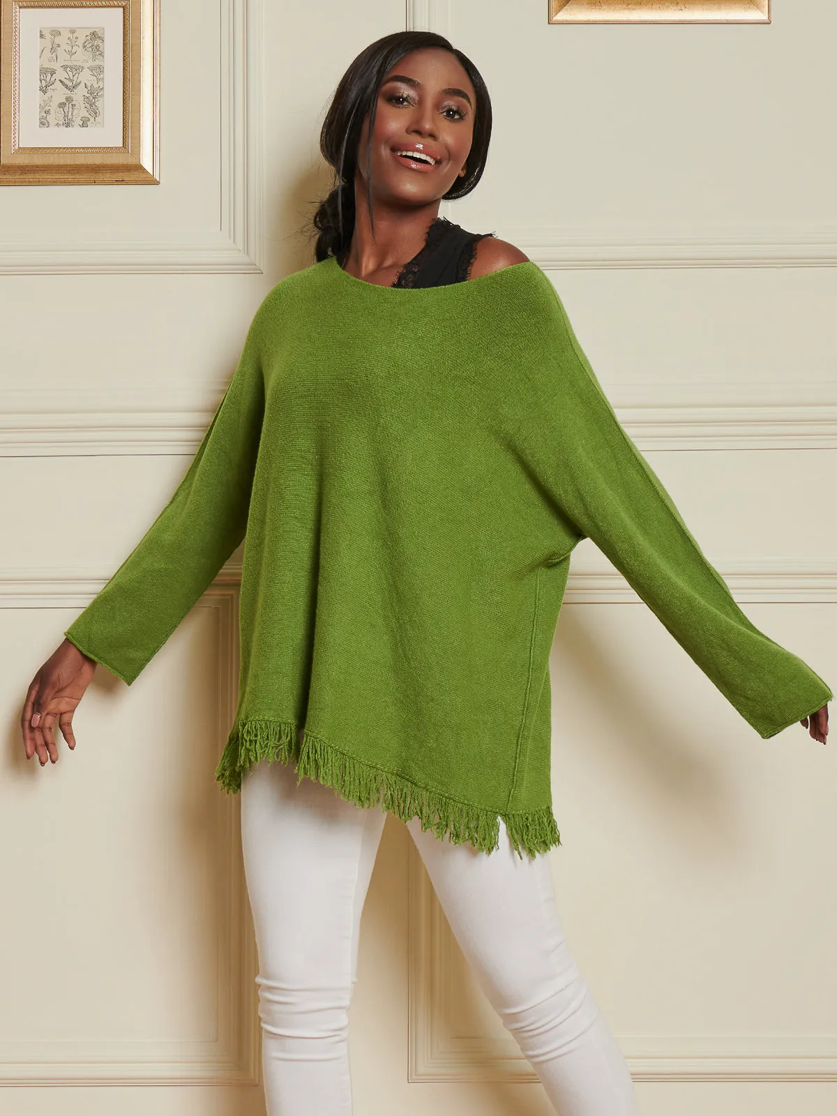 Knitted Fringe Detail Jumper, Olive Green