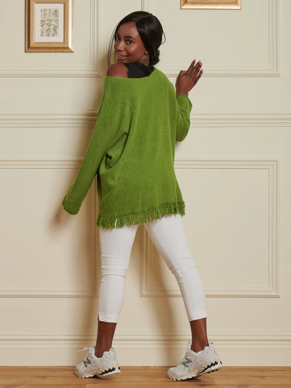 Knitted Fringe Detail Jumper, Olive Green