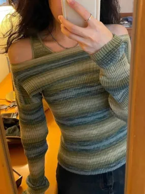 LANFUBEISI Winter Harajuku Vintage Knitted Sweater Women Green Striped Sexy Slim Jumpers Famale Korean Off Shoulder Two Pieces Set Y2K Tops