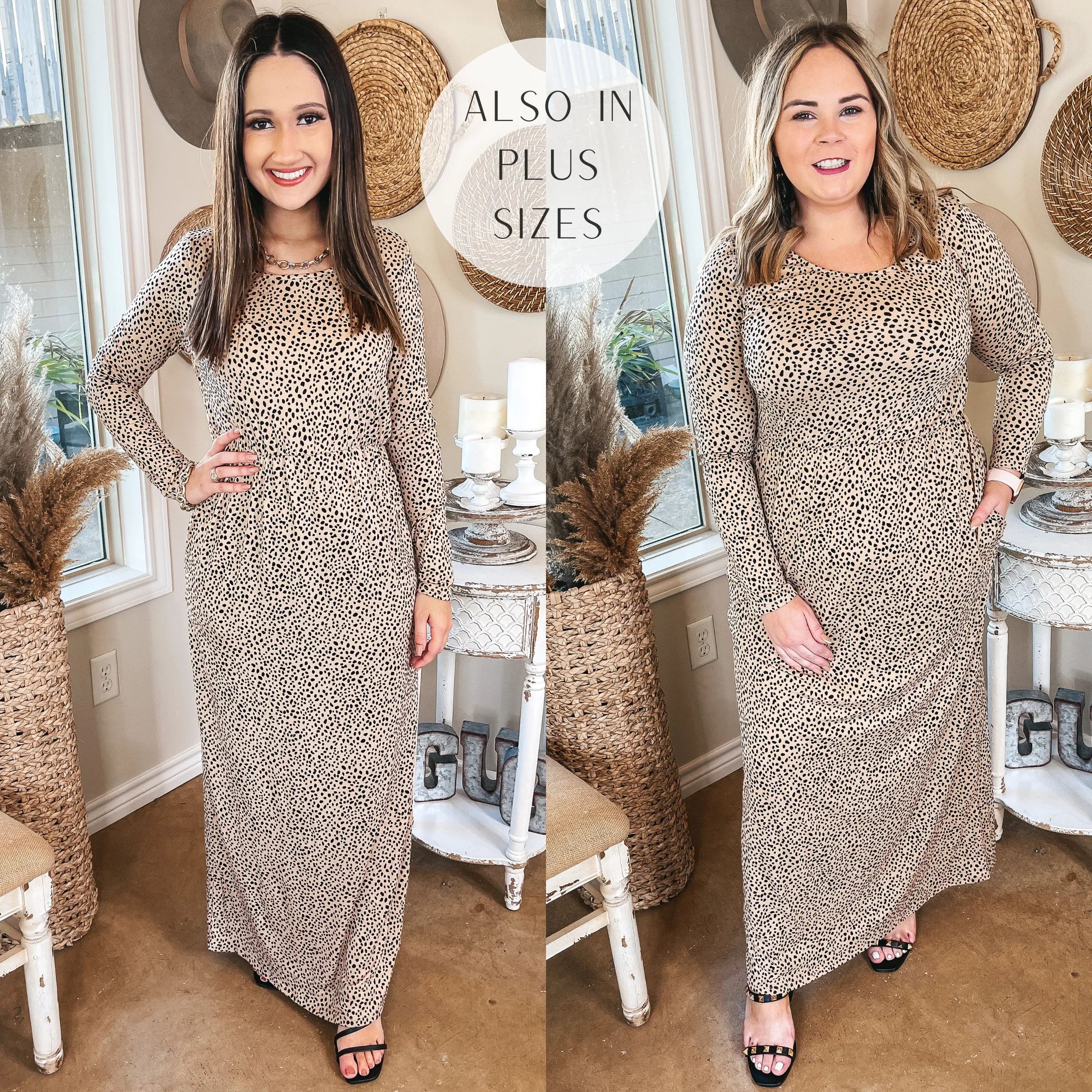 Last Chance Size Small | Downtown Spotlight Long Sleeve Dotted Babydoll Maxi Dress in Beige