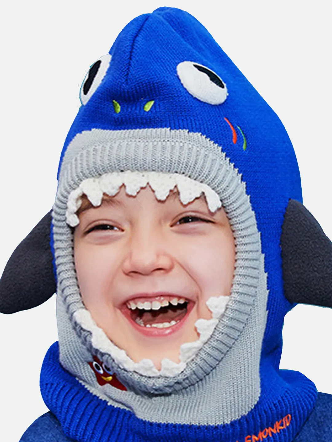 Little Surprise Box Knitted Blue Border Dino theme Winter Cap covering  Neck , Ears &Head for Minus degree Temperature.