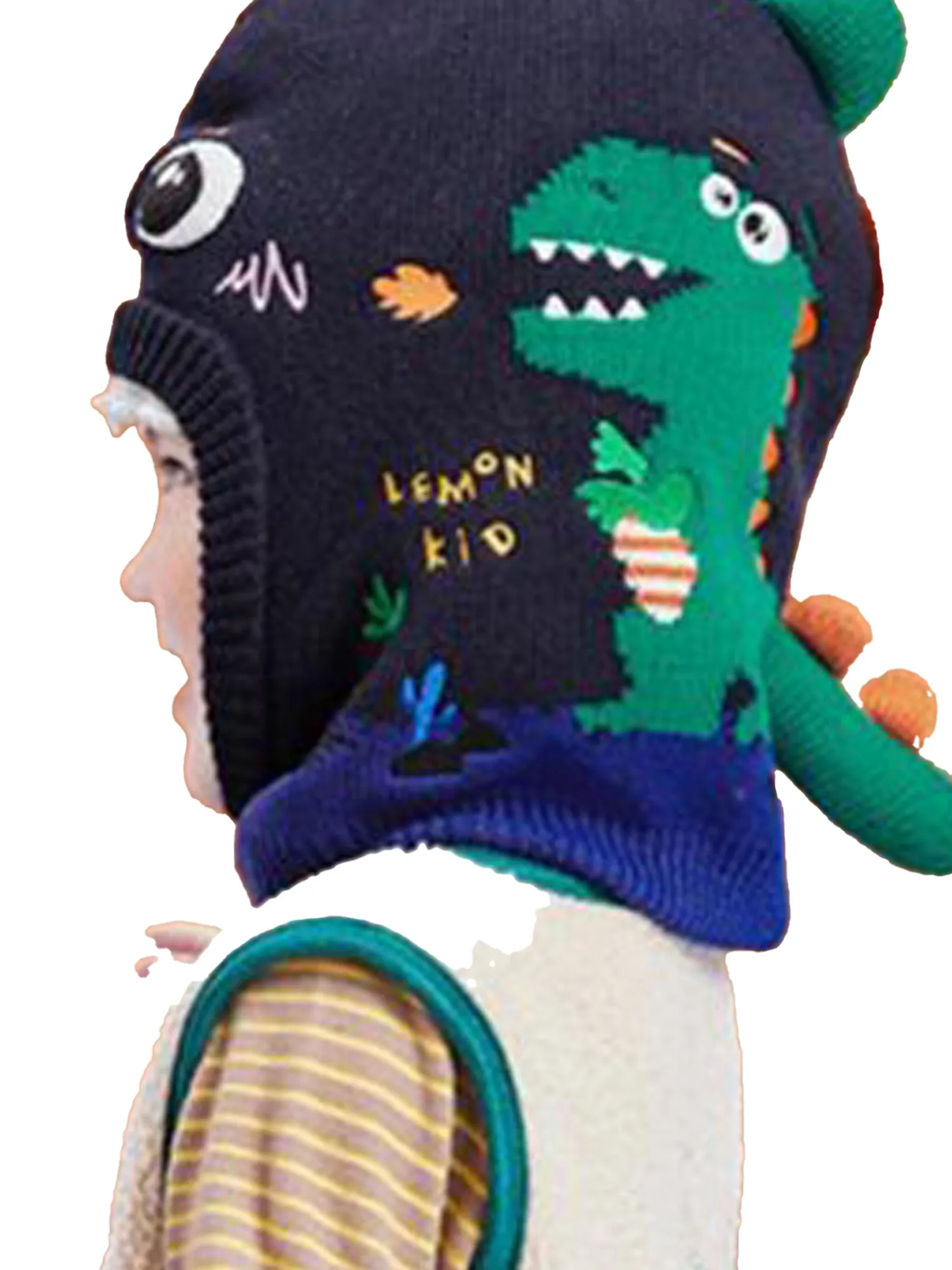 Little Surprise Box Knitted Blue Border Dino theme Winter Cap covering  Neck , Ears &Head for Minus degree Temperature.