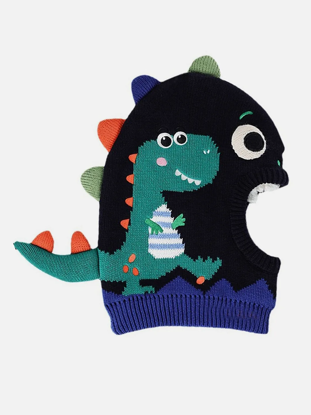 Little Surprise Box Knitted Blue Border Dino theme Winter Cap covering  Neck , Ears &Head for Minus degree Temperature.