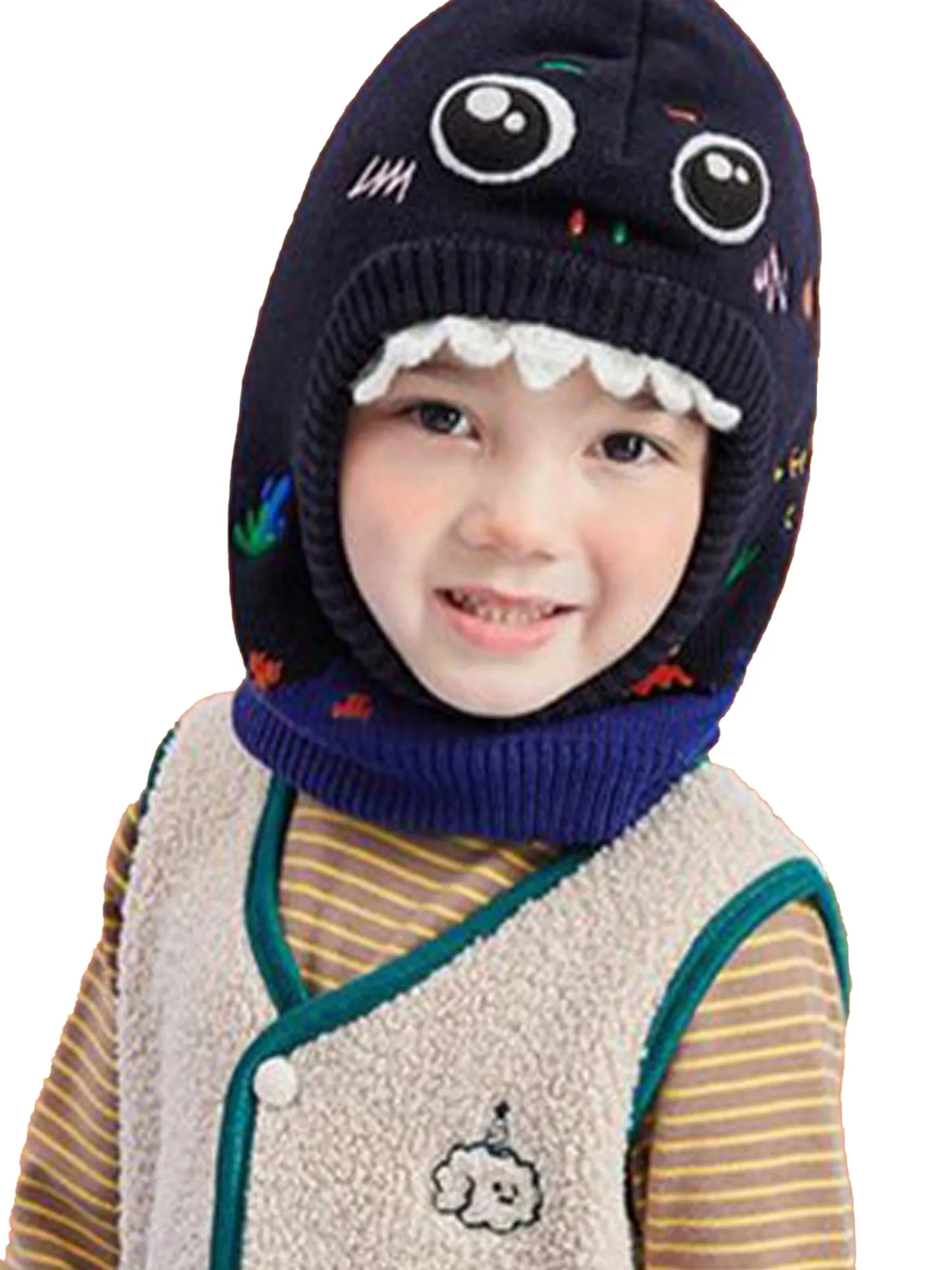 Little Surprise Box Knitted Blue Border Dino theme Winter Cap covering  Neck , Ears &Head for Minus degree Temperature.