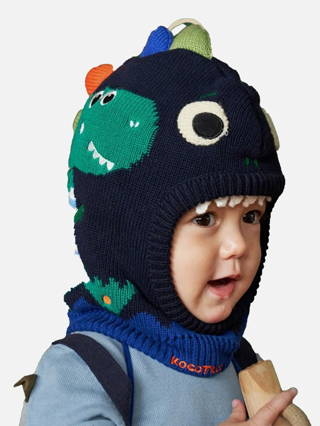 Little Surprise Box Knitted Blue Border Dino theme Winter Cap covering  Neck , Ears &Head for Minus degree Temperature.