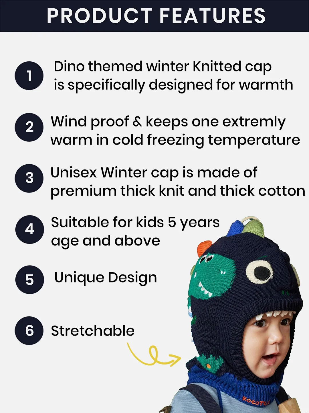 Little Surprise Box Knitted Blue Border Dino theme Winter Cap covering  Neck , Ears &Head for Minus degree Temperature.