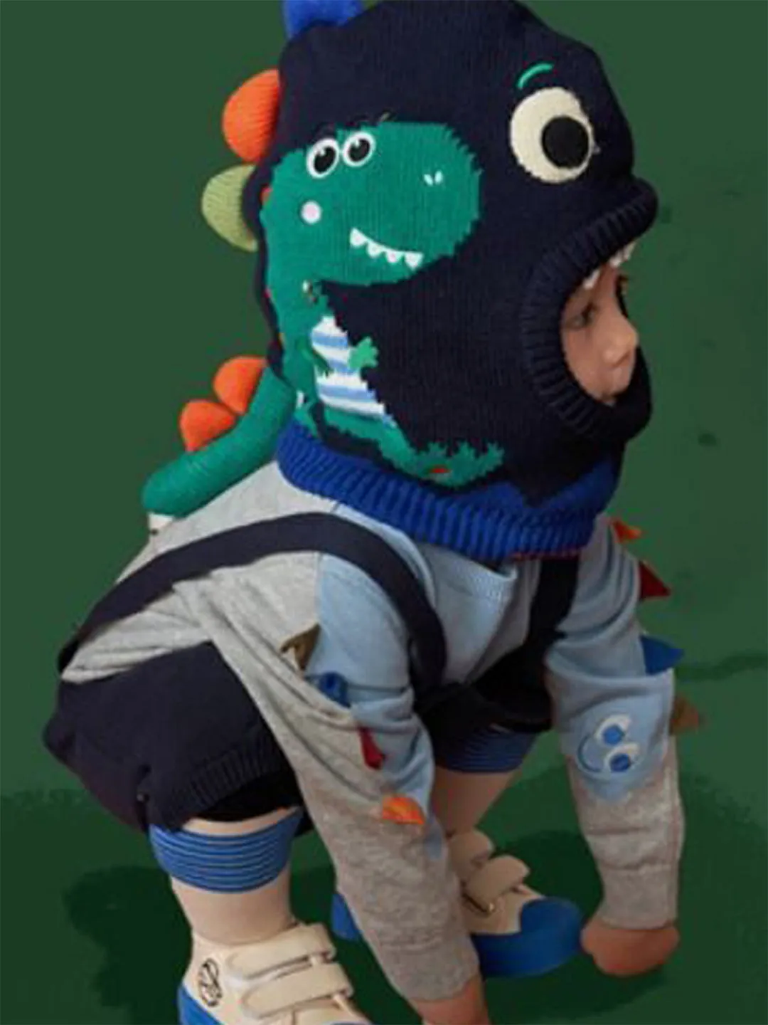 Little Surprise Box Knitted Blue Border Dino theme Winter Cap covering  Neck , Ears &Head for Minus degree Temperature.