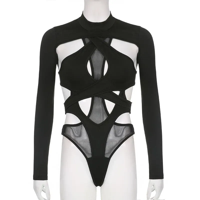 Long sleeves hollow out cross back bodysuit