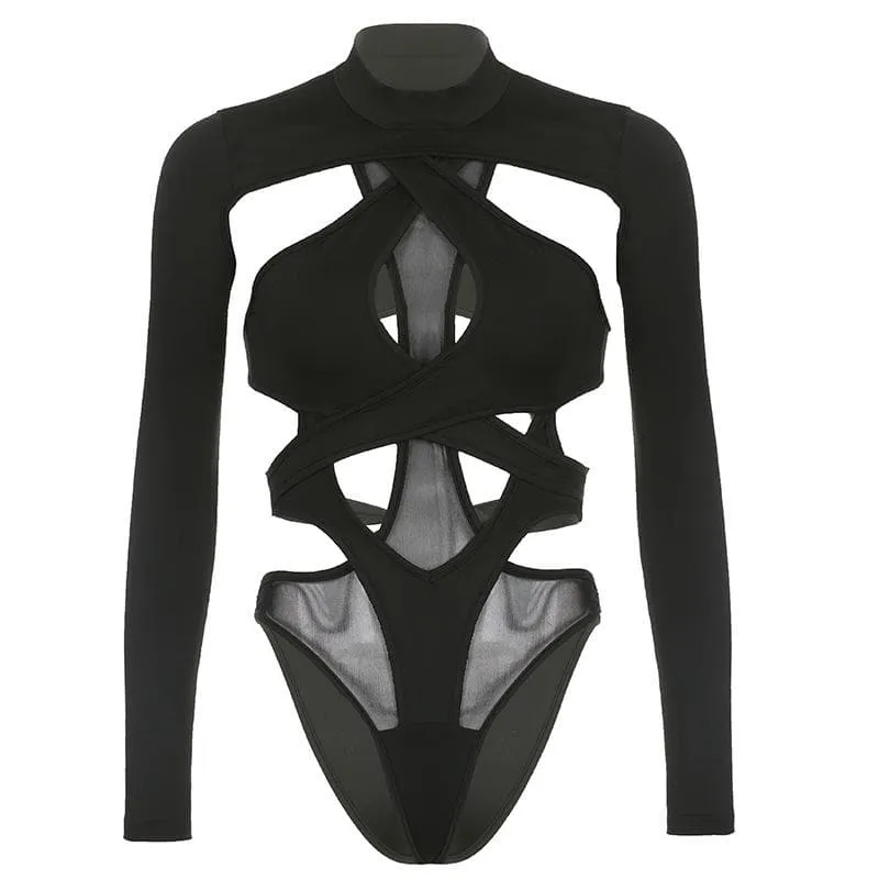 Long sleeves hollow out cross back bodysuit