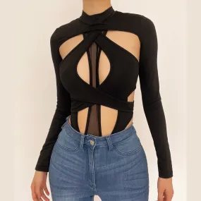 Long sleeves hollow out cross back bodysuit