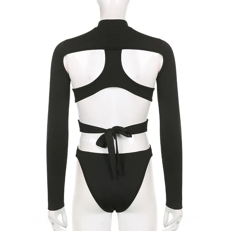 Long sleeves hollow out cross back bodysuit