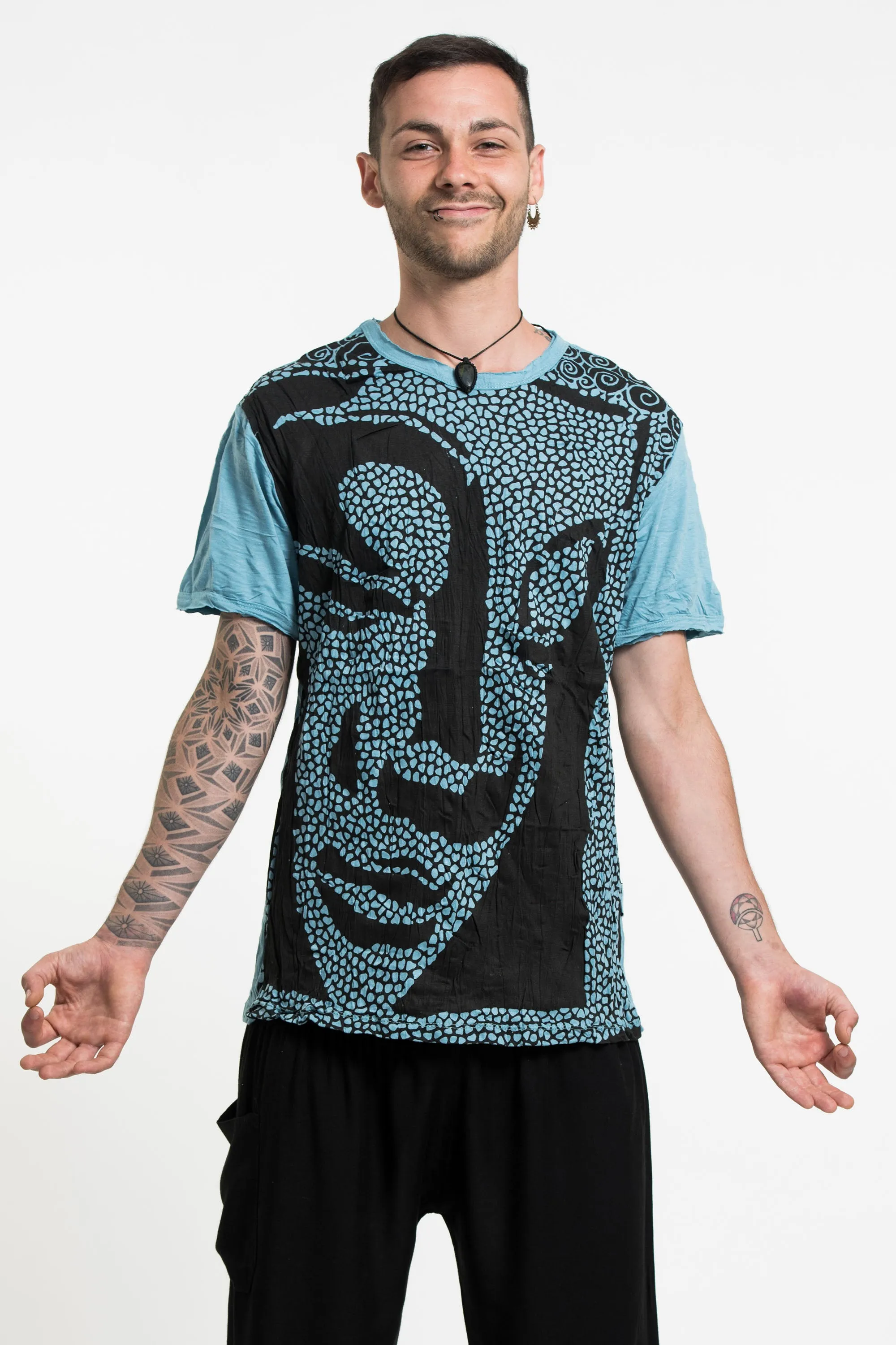 Mens Big Buddha Face T-Shirt in Turquoise