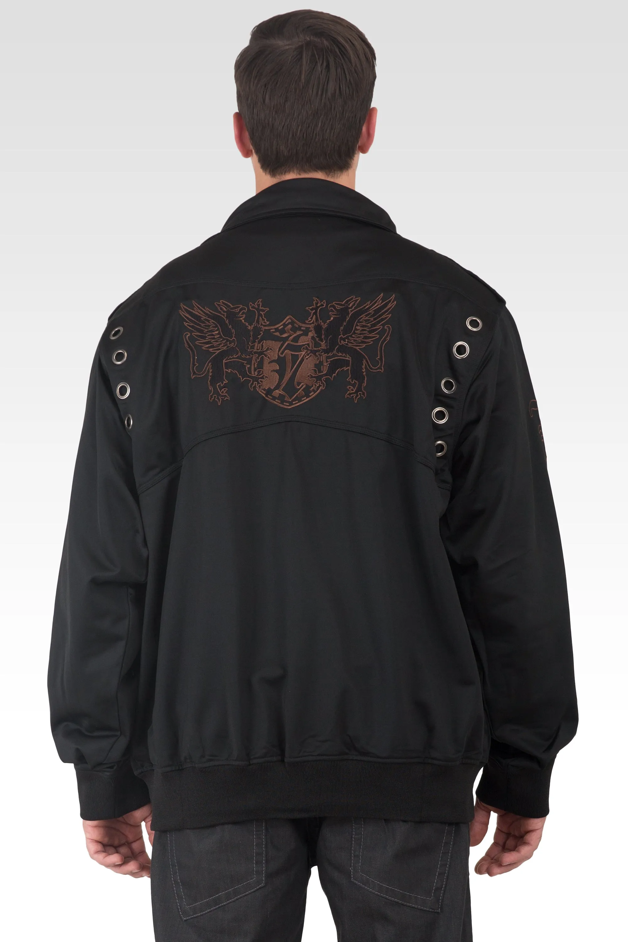 Men's Black Poly Performance Full Zip Track Jacket With Brown Embroidery Patches