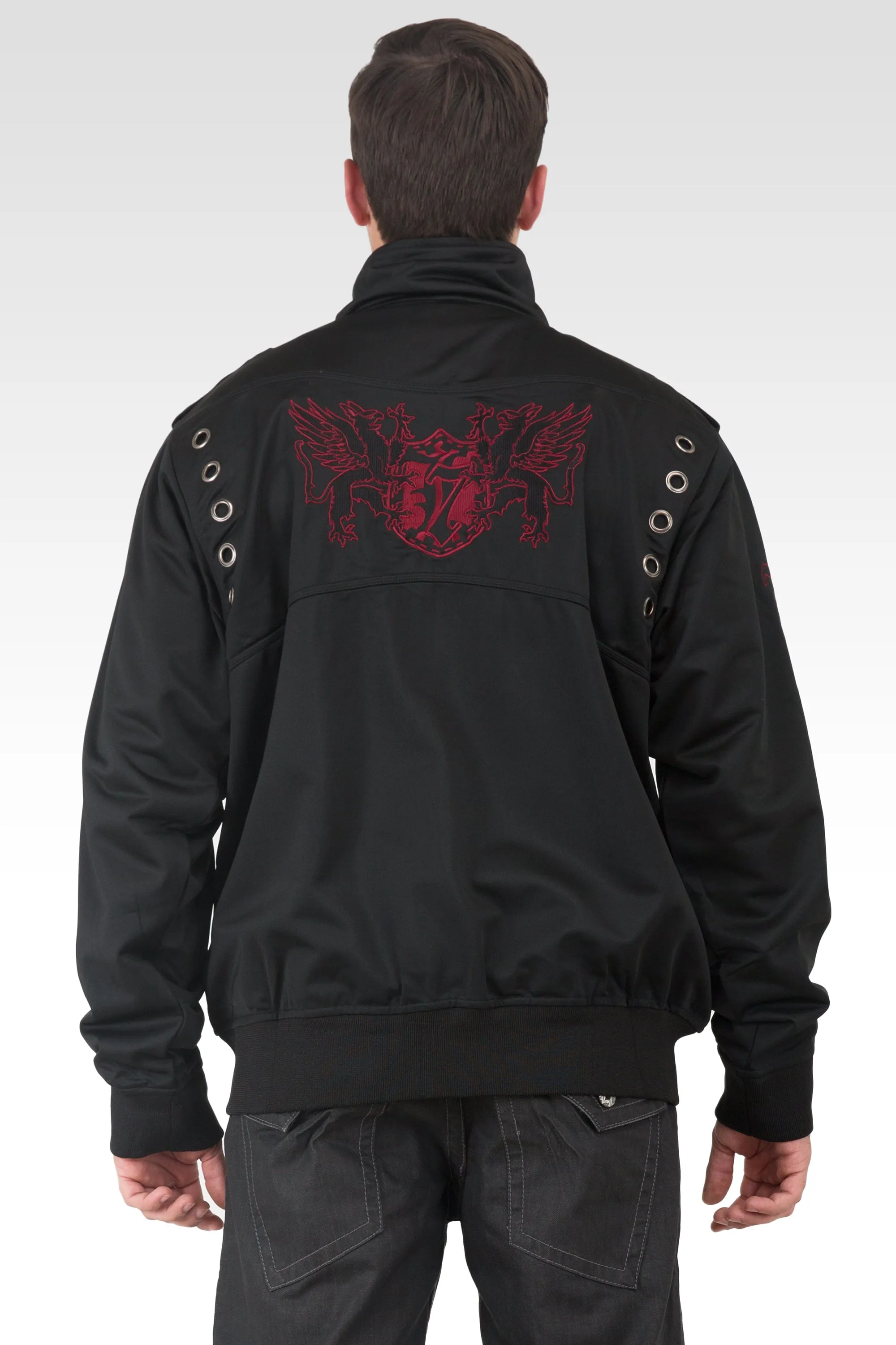 Men's Black Poly Performance Full Zip Track Jacket With Burgundy Embroidery Patches & Epaulets