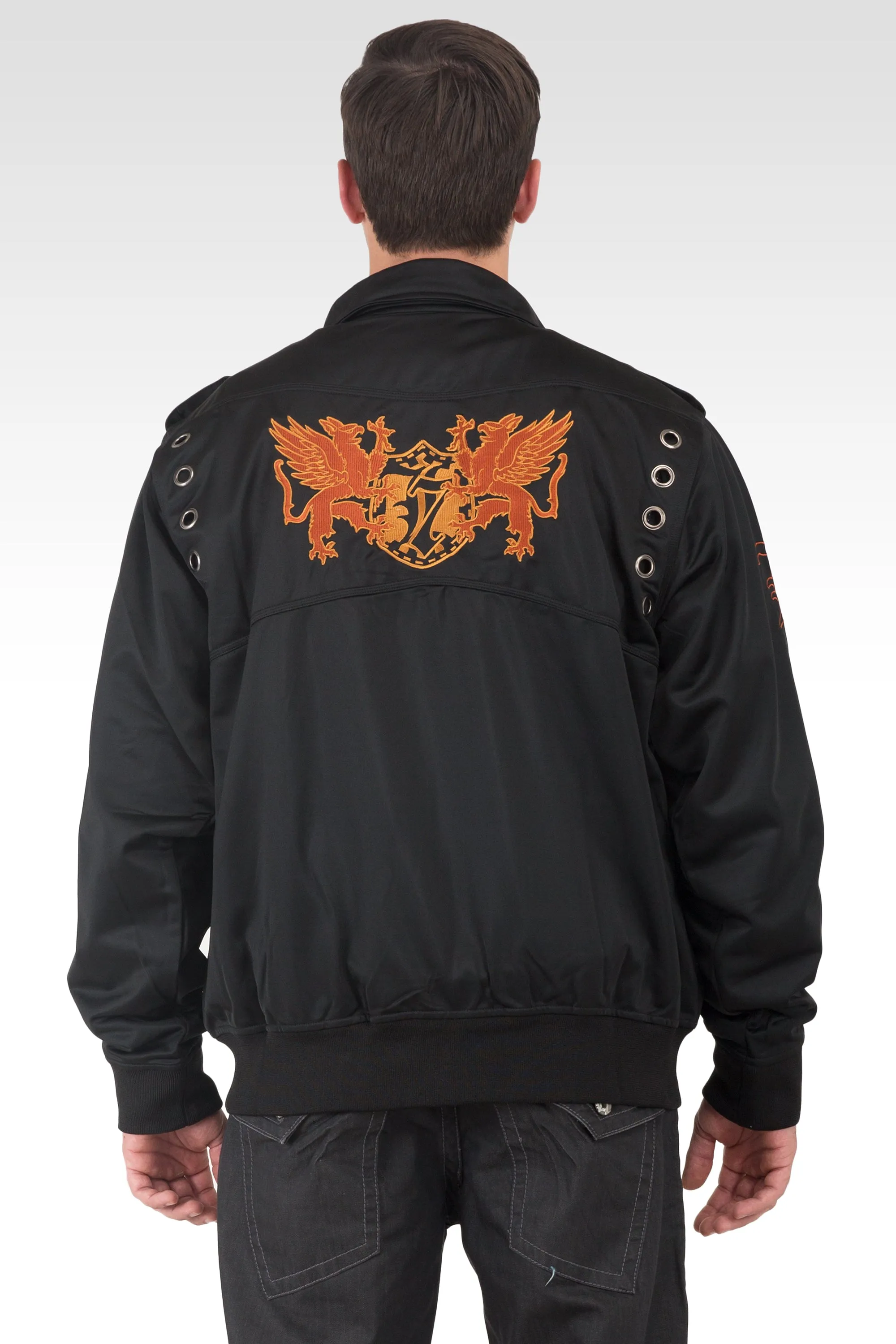 Men's Black Poly Performance Full Zip Track Jacket With Cinnamon Embroidery Patches & Epaulets