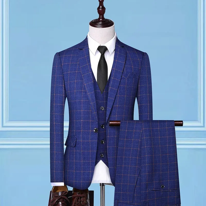 Men's Single Breasted Slim Fit 3 Pieces Suit Business Party Wedding Plaid Formal Suits | 307