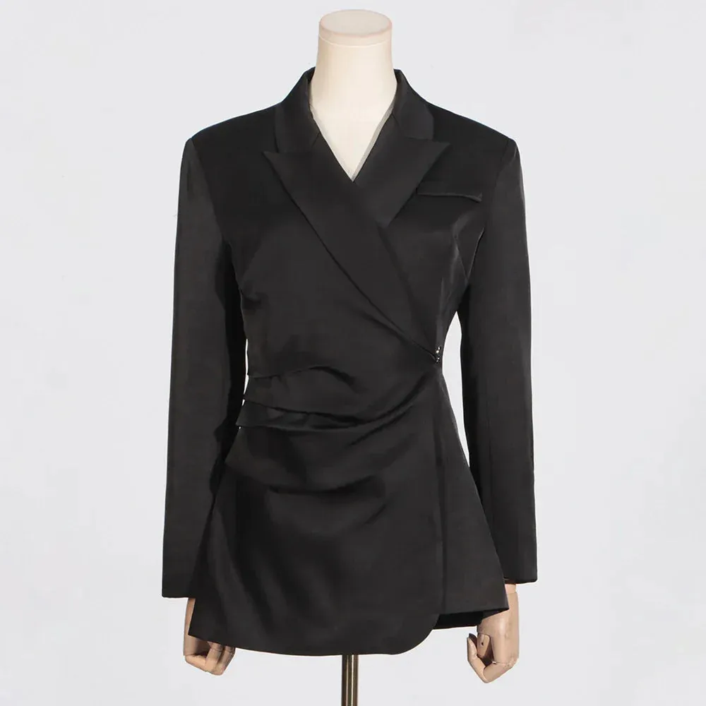 Metaversmall Elegant Patchwork Metal Solid Blazer For Women Notched Collar Long Sleeve Spliced Folds Minimalist Slimming Blazers Female