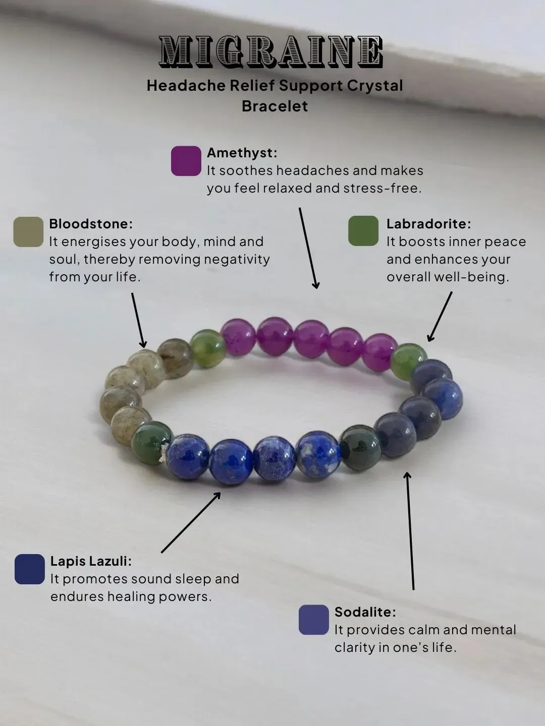 Migraine Headache Relief Support Crystal Bracelet