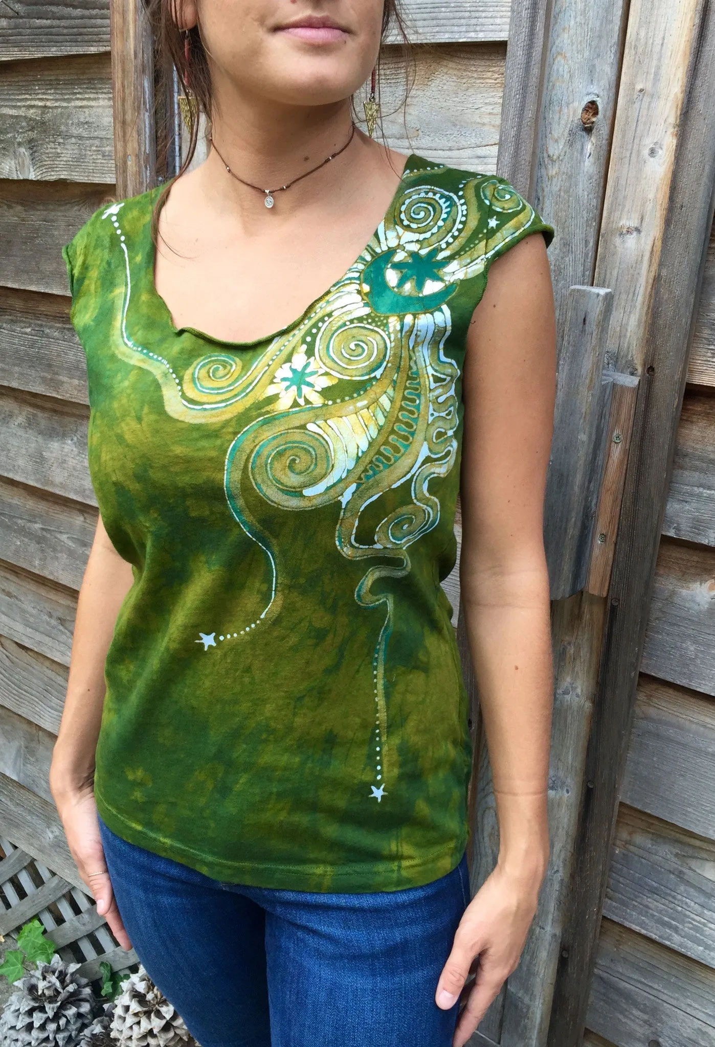 Moon Beams In Dancing Green Batik Top