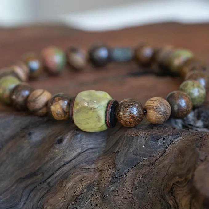 Nature's Harmony: Men's Boho Style Bracelet with Green Turquoise, Bronzite, Unakite and Wood