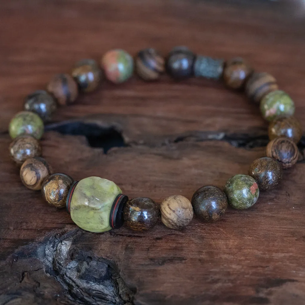 Nature's Harmony: Men's Boho Style Bracelet with Green Turquoise, Bronzite, Unakite and Wood