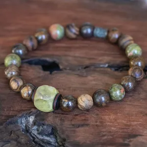 Nature's Harmony: Men's Boho Style Bracelet with Green Turquoise, Bronzite, Unakite and Wood