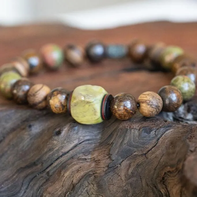 Nature's Harmony: Men's Boho Style Bracelet with Green Turquoise, Bronzite, Unakite and Wood