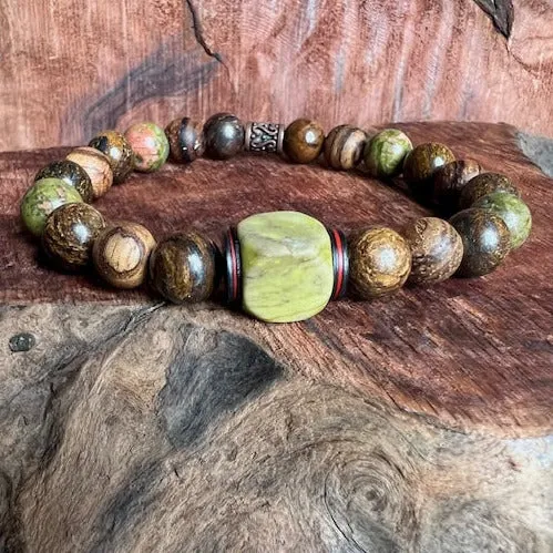 Nature's Harmony: Men's Boho Style Bracelet with Green Turquoise, Bronzite, Unakite and Wood