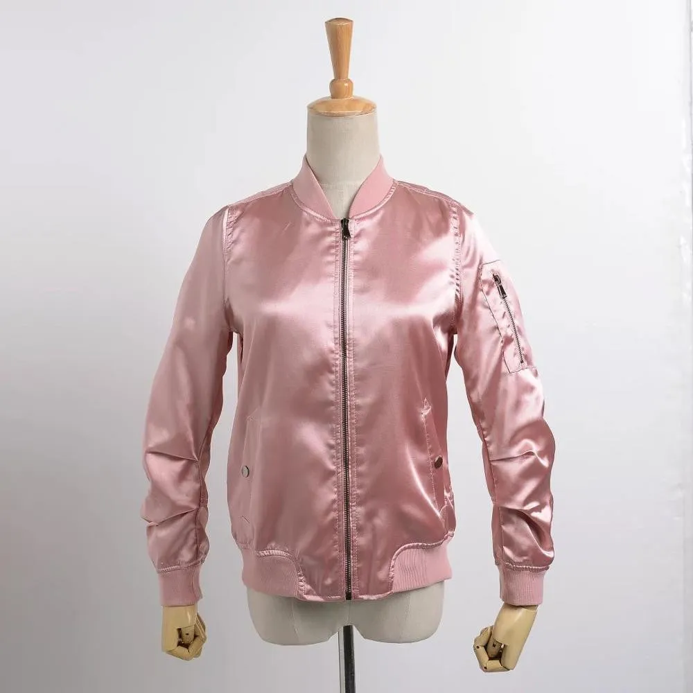 New Autumn 2016 Fashion Women Satin Bomber Jacket Ladies Casual Solid Long Sleeve Basic Coats Chaqueta Mujer Pink Army Green